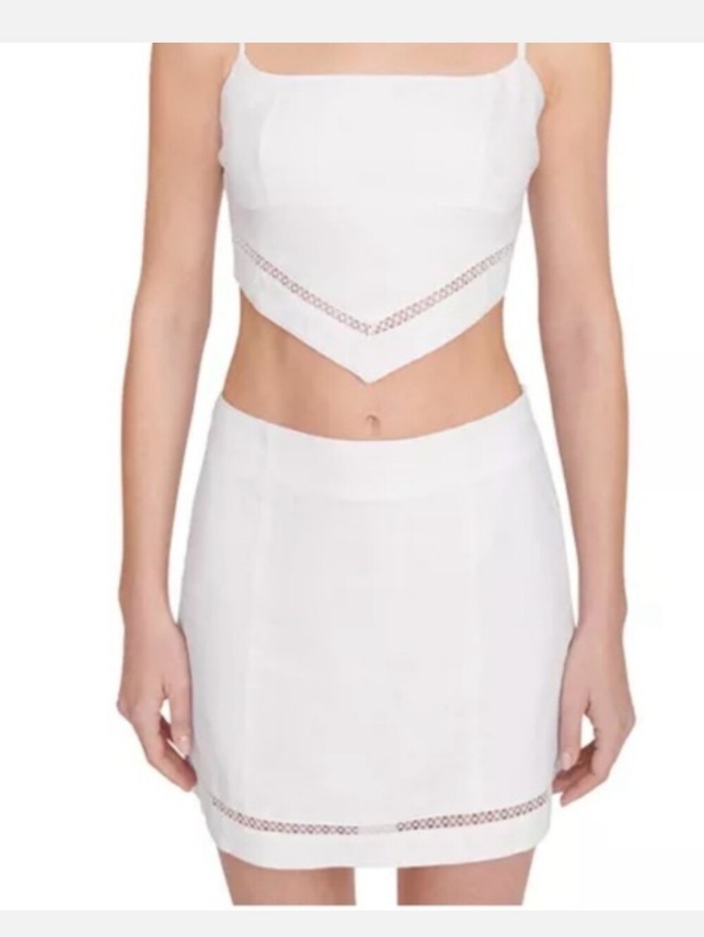 STAUD White Linen Skirt With Deocrative Lace Trim 0